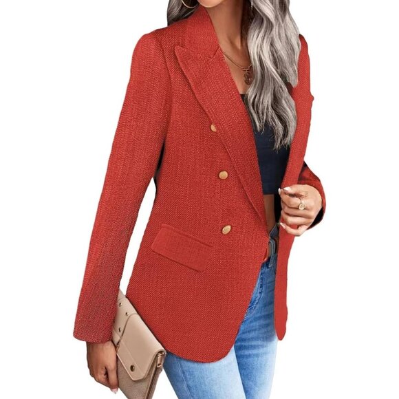 Business Work Tweed Plaid Jacket Suit Pocket -Red - Picture 3 of 6